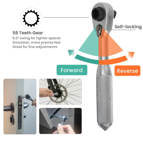 Dope Magnetic Bit Driver And Mini Ratchet Set With A 72 Teeth Bidirectional Ratchet And 70 Nm Torque shown with gear mechanism and uses.