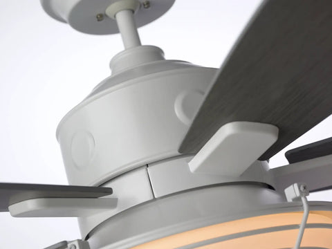 Close-up of Rockpointe Caged Ceiling Fan With Light 54 Inch Outdoor Fixture featuring driftwood blades and satin white finish