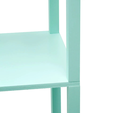 Close-up of Aqua Floor Lamp Etagere Organizer With Three Shelves And Linen Shade Built In USB Ports And Outlet Under Shade