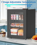 Space Savvy 2.4 Cu Ft Mini Freezer With Clear Glass Front Door showcasing food items inside, dimensions 17.5 X 21.5 X 25 inches.