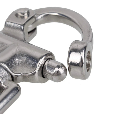 Close-up of Heavy Duty 304 Stainless Steel Snap Shackle With Small Swivel Bail For Marine And Boat Rigs.
