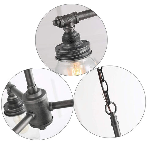 Close-up details of Farmhouse Mason Jar Chandelier Pendant Light For Kitchen Island And Dining Room, Industrial Brushed Dark Metal Frame
