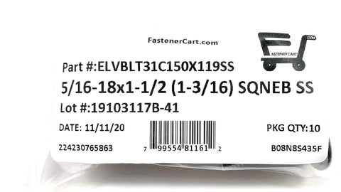 Heavy Duty Five Sixteen Eighteen By One Half Inch Stainless Steel Elevator Bolts Square Neck Design pack size of ten with detailed labeling.