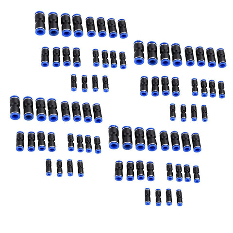 Super Cool 80PC Push To Connect Air Fittings Kit With Quick Pneumatic Tube Adapters For 4-12mm OD PE PU PVC Nylon Tubing And PBT Line Hoses. 80-piece PBT push-to-connect fittings set for 4mm-12mm pneumatic tubing