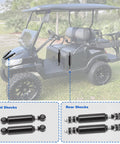 Golf cart with front and rear shocks labeled; Club Car Front And Rear Golf Cart Shock Absorbers Replacements For DS G And E From 1988 Through 2007 And Precedent G And E From 2004 Up With OEM Part Numbers 1014235 1015813 1014236 1010991