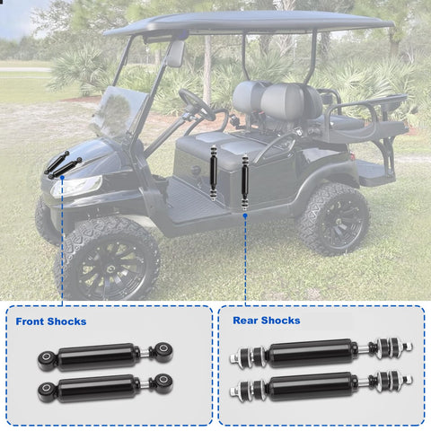 Golf cart with front and rear shocks labeled; Club Car Front And Rear Golf Cart Shock Absorbers Replacements For DS G And E From 1988 Through 2007 And Precedent G And E From 2004 Up With OEM Part Numbers 1014235 1015813 1014236 1010991