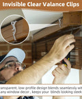 Rock Solid 24 Pack Clear Valance Clips For 2.5 Inch Blinds And Window Shades installed on wooden blinds with clear clips.