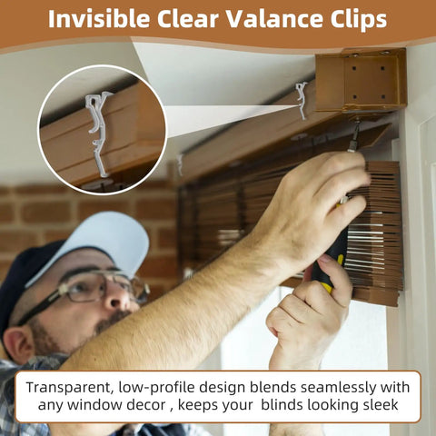 Rock Solid 24 Pack Clear Valance Clips For 2.5 Inch Blinds And Window Shades installed on wooden blinds with clear clips.