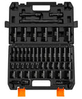 One Half Inch Drive Impact Socket Set Forty Five Piece Deep Shallow Metric Sockets in open case with extension bars