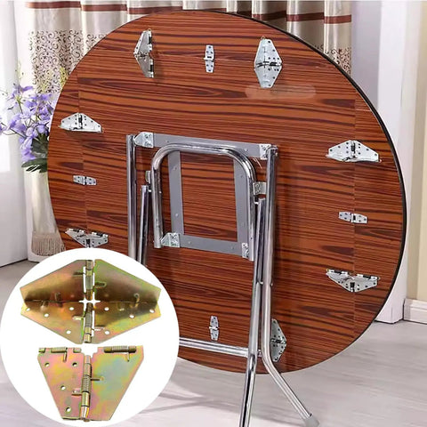Heavy Duty Folding Table Hinge Two Pack delivering smooth 180 degree swing with galvanized finish and spring action on a round table.