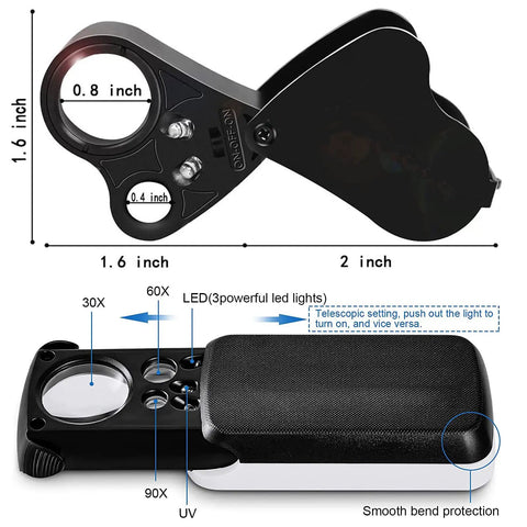 Two Pack Jewelers Loupe With Light 30X 60X 90X Triple Magnification For Coin Diamonds Gems Jewelry And Stamps Includes Spare Batteries