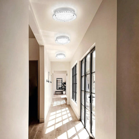 Flush Mount LED Crystal Ceiling Light, 13 Inch Modern Fixture With Edge Crystal Glass, hallway installation view