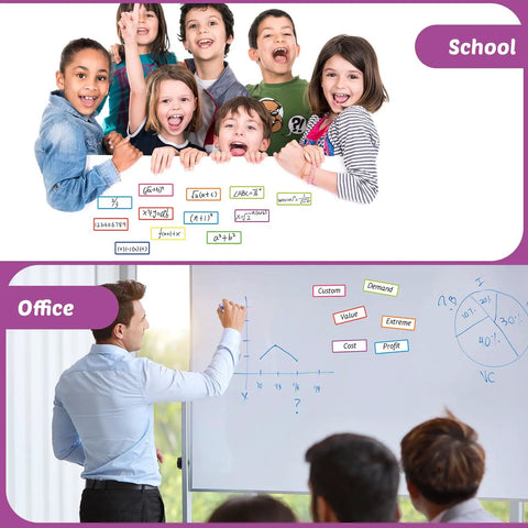 180 Piece Magnetic Dry Erase Labels Kit With Reusable Magnetic Name Tags Colorful Border Frames Erasable Magnetic Strips in school and office use on whiteboards