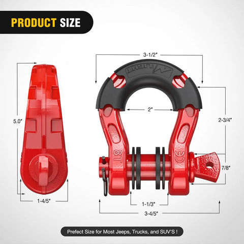 Mega D Ring Shackle Set 68,000 Lb Break Strength 17,000 Lb WLL Heavy Duty Forged Steel Off Road Recovery Shackles, size details