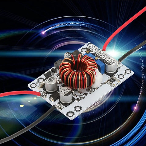 Heavy Duty 180W Dc Dc Boost Converter Module with red and black wires on circuit board, ideal for solar arrays and EV chargers.