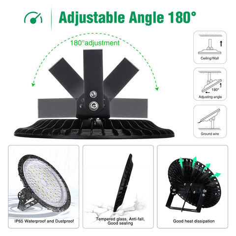 300W UFO LED High Bay Light For Warehouse And Workshop Lighting, 30,000 Lumens, showing adjustable angle design