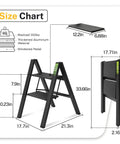 Lightweight Folding Step Stool With Wide Anti Slip Pedals Aluminum 2 Step Ladder For Home Office Kitchen Use Easy Fold Portable Durable 330lb Capacity Black Everyday size chart with dimensions