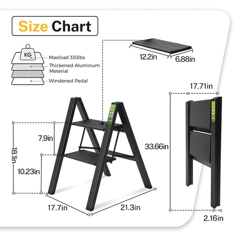 Lightweight Folding Step Stool With Wide Anti Slip Pedals Aluminum 2 Step Ladder For Home Office Kitchen Use Easy Fold Portable Durable 330lb Capacity Black Everyday size chart with dimensions