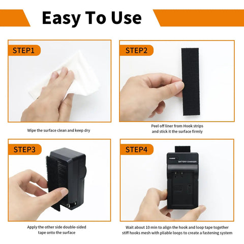 Instructions for using Heavy Duty Hook And Loop Tape 20 Pack 1x4 Inch Double Sided Fastener Strips with adhesive application steps.