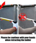 8.5ft Aluminum Telescoping Ladder For Home And Outdoor Use, showing correct and incorrect hand placement when retracting