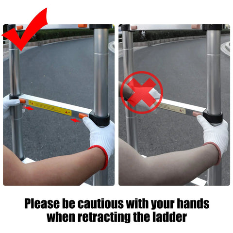 Guide demonstrating safe handling when retracting 12.5ft Aluminum Telescoping Ladder For Home And Outdoor Projects Do It Yourself Ready
