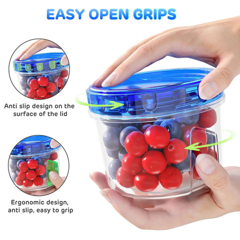 6 Pack 16 Oz Freezer Safe Airtight Plastic Food Storage Containers With Twist Top Lids containing red and blue berries
