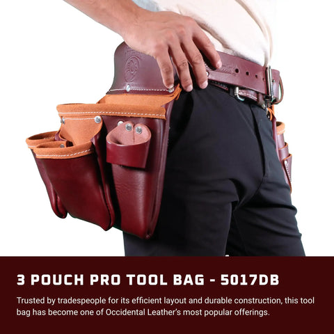 Pro 3 Pouch Tool Bag With Double Outer Pockets And 10 Tool Holders on a person’s waist, showcasing leather material and pockets.
