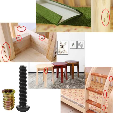 Woodworking Furniture Fastener Kit With 32 Wood Inserts And 32 1/4-20 Bolts Three Point Twist Drill And Two Wrenches For Durable Secure Furniture Assembly Screw In Nuts Hex Socket Drive Connector Bolt Set with images of assembled furniture and components.