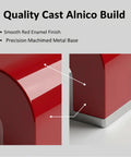 Front and side views of a 30 lb red cast alnico horseshoe magnet with smooth enamel finish and machined base.