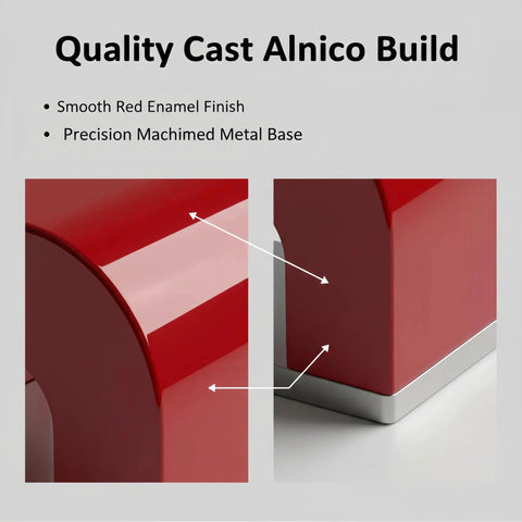 Front and side views of a 30 lb red cast alnico horseshoe magnet with smooth enamel finish and machined base.