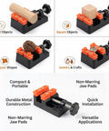 Compact Mini Bench Vise Featuring Smooth Parallel Jaw Clamping For Precision Watch Repair Sculpture Diy Carving And Home Shop Projects Built Different Heavy Duty, showcasing wooden round and square objects clamped.