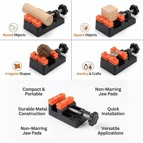 Compact Mini Bench Vise Featuring Smooth Parallel Jaw Clamping For Precision Watch Repair Sculpture Diy Carving And Home Shop Projects Built Different Heavy Duty, showcasing wooden round and square objects clamped.