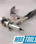 Close-up of cleco pliers from All In One Cleco Fasteners Kit With 50 3/32 Clecos Cleco Pliers 5 Side Grip Clamps 3/4x1/2 5 Side Grip Clamps 3/4x1 Carry Bag For Auto Body Repair And Automotive Panel Work Made In USA
