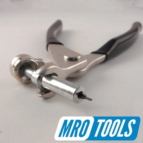 Close-up of cleco pliers from All In One Cleco Fasteners Kit With 50 3/32 Clecos Cleco Pliers 5 Side Grip Clamps 3/4x1/2 5 Side Grip Clamps 3/4x1 Carry Bag For Auto Body Repair And Automotive Panel Work Made In USA
