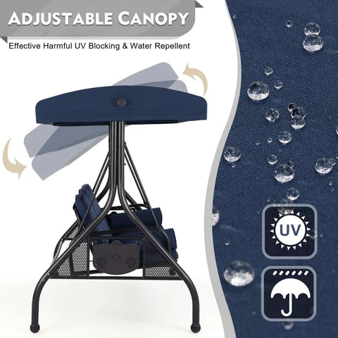 Side view of blue three-seat outdoor porch swing with adjustable canopy and water-repellent fabric