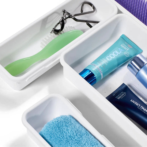 Close-up of 8 Piece Interlocking Bin Pack Drawer Organizer For Office, Kitchen, Tools And Bathroom Junk Drawer Essentials, Modular Storage System.