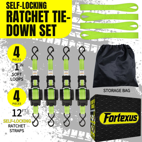 Auto Retractable Ratchet Straps 1 Inch By 12 Foot 1760 Pound Break Strength Four Pack Neon Green Tie Downs For Trailer