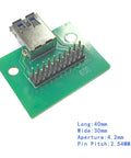 USB 3 Point 0 Type A Female Connector Breakout Board 2 Pack For DIY Projects, PCB Adapter With 2x9 Pin Header, top view showing pins.