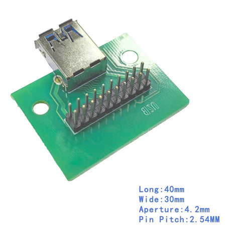 USB 3 Point 0 Type A Female Connector Breakout Board 2 Pack For DIY Projects, PCB Adapter With 2x9 Pin Header, top view showing pins.