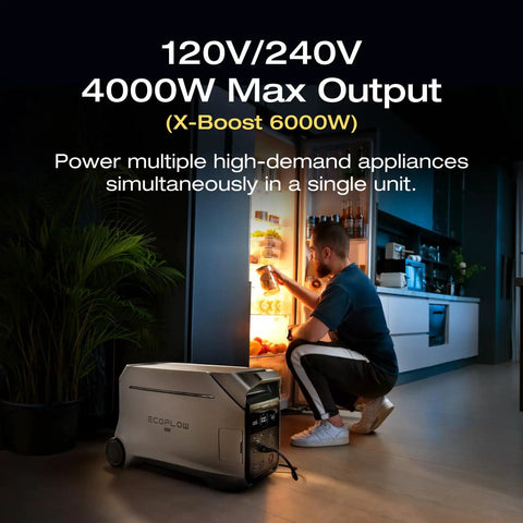 Man using Delta Pro 3 Portable Power Station With 4096Wh LFP Battery Expandable To 48kWh 120V 240V 4000W AC Output for appliances