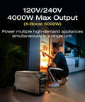Straight Up Heavy Duty Portable Power Bundle Comes With Dual Delta Pro Three Battery Packs Wired Through Fifty Amp Hub For Rock Solid Emergency Backup Generator Setup with EcoFlow power station in kitchen.