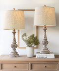 Classic 24.5 Inch Table Lamp Set Of 2 For Living Room And Bedroom With Linen Fabric Shade And Resin Base on wooden dresser