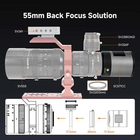 Diagram of Deep Sky Imaging Kit With Off-Axis Guider For Astronomy APS-C Cooled Camera showing 55mm back focus solution