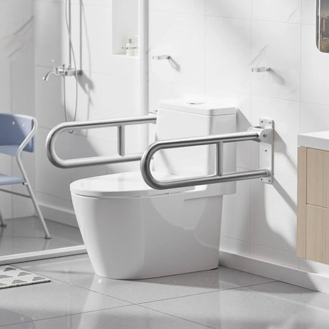 Heavy Duty Toilet Grab Bar Flip Up Folding Safety Handrail For Bathroom Wall Mount 304 Stainless Steel Top Notch Brushed Finish Space Saving Support Rail For Senior And Handicapped Assistance 24 Inch installed next to a toilet.