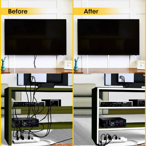 Before and after using No Sweat Easy Peel And Stick Cable Management Kit Open Slot Raceway Duct With Cover On Wall Concealer for TV wires