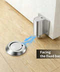 Magnetic Door Stopper With Double Magnets, Stainless Steel Door Catch, Retractable Bottom Door Holder For Gaps Up To 1.4 Inches installed on wooden floor.