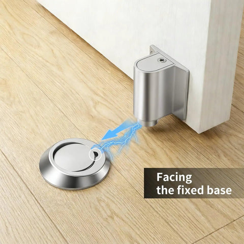 Magnetic Door Stopper With Double Magnets, Stainless Steel Door Catch, Retractable Bottom Door Holder For Gaps Up To 1.4 Inches installed on wooden floor.