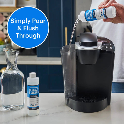 Descaling Solution For Coffee Machines With Six Uses Pro Grade Descaler Cleaner pouring into coffee maker with a bottle visible.