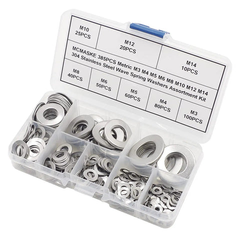 Premium Metric Wave Spring Washer Assortment Kit 304 Stainless Steel 385 Piece Set in organizer for M3 to M14 bolts.