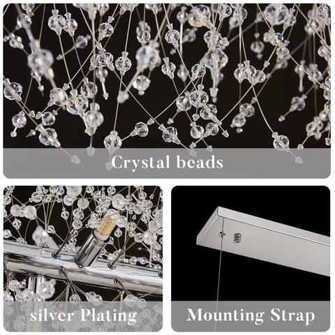 Modern Crystal Firework Chandelier, Linear LED Pendant Light close-up showing crystal beads, silver plating, and mounting strap.